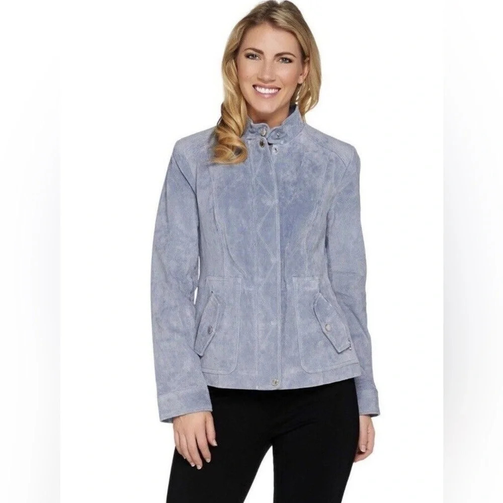 Isaac Mizrahi NWOT 100% suede blue/gray silver hardware flight jacket 21” p2p